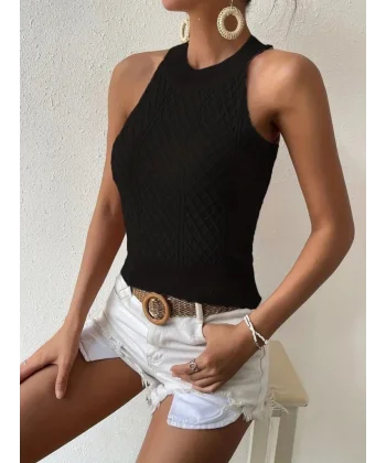 Kadın Halter Yaka Mini Baklava Desenli Triko Bluz