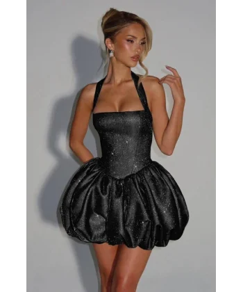 Kadın Halter Yaka Simli Kumaş Sırtı Bağcık Detay Prenses Elbise