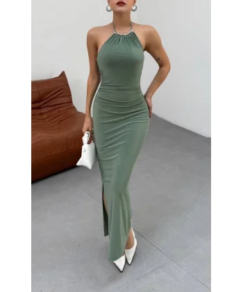 Kadın Halter Yaka Sırt Dekolteli Sandy Kumaş Maxi Boy Elbise