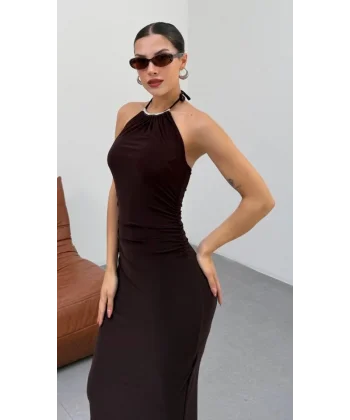 Kadın Halter Yaka Sırt Dekolteli Sandy Kumaş Maxi Boy Elbise