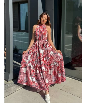 Kadın Halter Yakalı Omuzlardan Açık Kuşaklı Maksi Boy Desenli Süprem Elbise