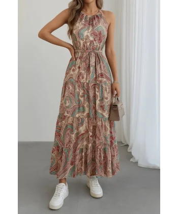Kadın Halter Yakalı Omuzlardan Açık Kuşaklı Maksi Boy Desenli Süprem Elbise