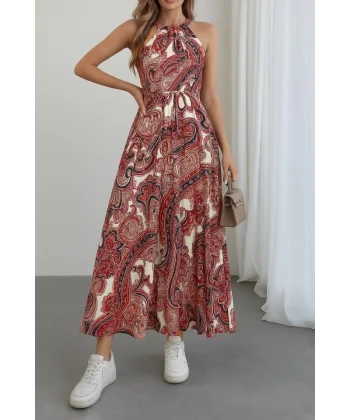 Kadın Halter Yakalı Omuzlardan Açık Kuşaklı Maksi Boy Desenli Süprem Elbise