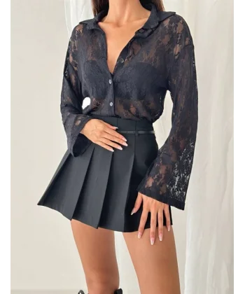 Kadın Iapanyol Kol Gömlek Detay Full Transparan Tül Gömlek