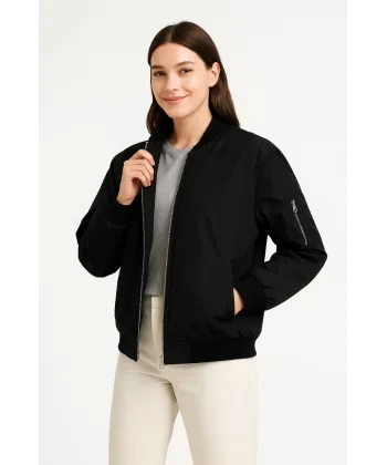 Kadın Bomber Mont Ceket – Fermuarlı, Kapitone İçi Astarlı, Su İtici Kumaş, Regular Fit, Yandan Cepli, Günlük Bahar & Kış Şık Rahat Stil - Siyah