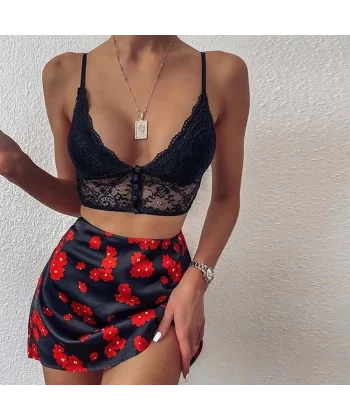 Kadın icro Kumaş Etek Ve Dantel Crop Takım