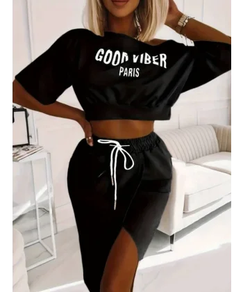 Kadın Iki Iplik Kumaş Alt Etek üst Baskı Detaylı Crop Ikili Takım