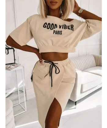 Kadın Iki Iplik Kumaş Alt Etek üst Baskı Detaylı Crop Ikili Takım