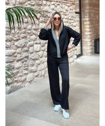 Kadın Iki Iplik Kumaş şerit Detaylı Kapşonlu Ikili Takım