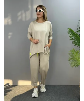 Kadın Iki Iplik Viskon Pamuk Kumaş Arma Detaylı Ikili Takım