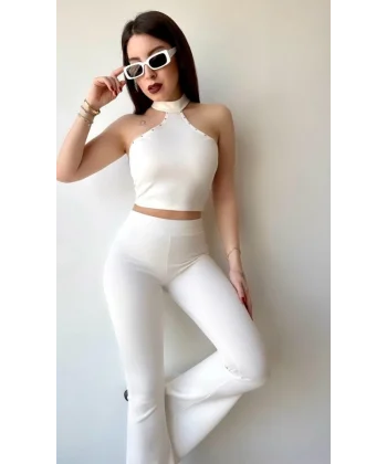 Kadın ikro Kumaş Taş Detaylı Bluz Ve Ispanyol Paça Pantolon Ikili Takım Fırsat Ürün