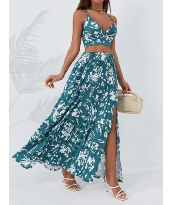 Kadın Ince Askılı çiçek Baskı Desenli Crop Yırtmaçlı Etek Ikili Süprem Takım