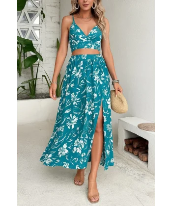 Kadın Ince Askılı çiçek Baskı Desenli Crop Yırtmaçlı Etek Ikili Süprem Takım