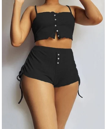 Kadın Ip Askılı Crop Bluz Ve Yanlardan Büzgülü Ikili Kaşkorse Short Takım