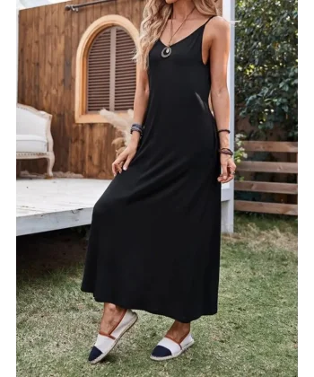 Kadın Ip Askılı Derin Geniş V Yakalı Uzun Viskon Elbise