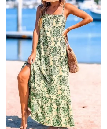 Kadın Ip Askılı Desenli Fırfırlı Süprem Elbise