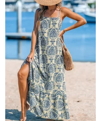 Kadın Ip Askılı Desenli Fırfırlı Süprem Elbise