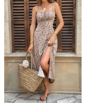 Kadın Ip Askılı Desenli Yırtmaçlı Süprem Midi Elbise