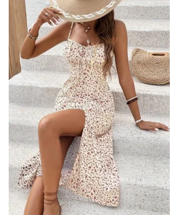 Kadın Ip Askılı Geniş V Yaka Bağcıklı Yandan Yırtmaçlı çiçek Desenli Midi Süprem Elbise