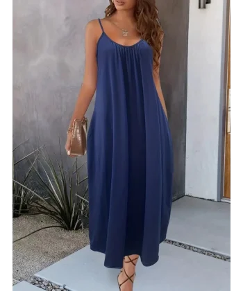 Kadın Ip Askılı Geniş V Yakalı Cepli Viskon Elbise