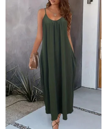 Kadın Ip Askılı Geniş V Yakalı Cepli Viskon Elbise