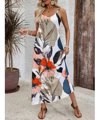 Kadın Ip Askılı Geniş V Yakalı Desenli Süprem Elbise