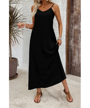 Kadın Ip Askılı Geniş V Yakalı Desenli Süprem Elbise