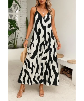 Kadın Ip Askılı Geniş V Yakalı Leopar Desenli Süprem Elbise