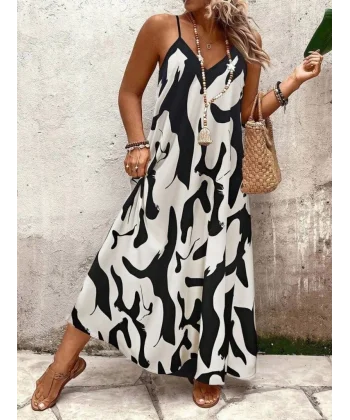 Kadın Ip Askılı Geniş V Yakalı Leopar Desenli Süprem Elbise