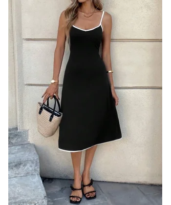 Kadın Ip Askılı Geniş V Yakalı Midi Janjan Krep Elbise