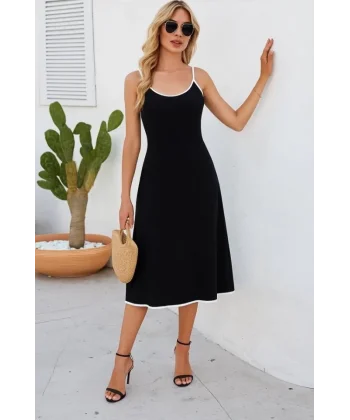 Kadın Ip Askılı Geniş V Yakalı Midi Janjan Krep Elbise