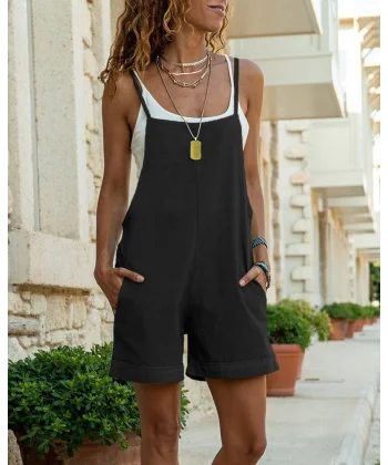 Kadın Ip Askılı Geometrik Yaka Yandan Fermuarlı Kısa Keten Tulum