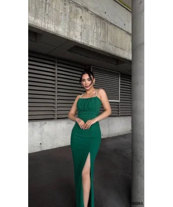 Kadın Ip Askılı Gipe Detay Maxi Boy Yırmaçlı Elbise