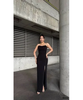 Kadın Ip Askılı Gipe Detay Maxi Boy Yırmaçlı Elbise