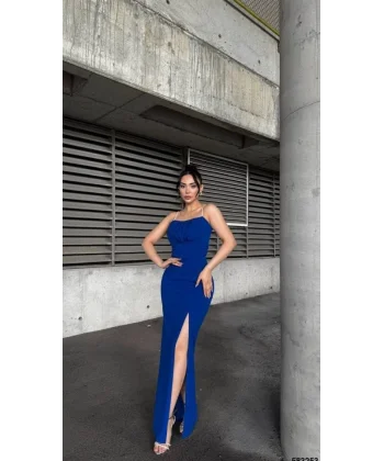 Kadın Ip Askılı Gipe Detay Maxi Boy Yırmaçlı Elbise