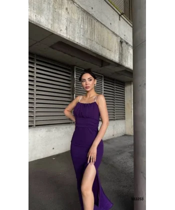 Kadın Ip Askılı Gipe Detay Maxi Boy Yırmaçlı Elbise