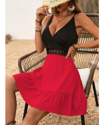 Kadın Ip Askılı Kruvaze Yaka Bel Dantel Ithal Krep Elbise