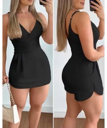 Kadın Ip Askılı Kruvaze Yakalı Cep Detaylı Ithal Krep Short Etek