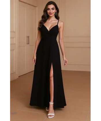 Kadın Ip Askılı Kruvaze Yakalı Derin Dekolteli Yırtmaçlı Ithal Krep Elbise