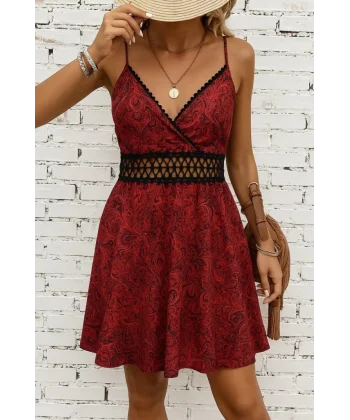 Kadın Ip Askılı Kruvaze Yakalı Desenli Mini Süprem Mini Elbise