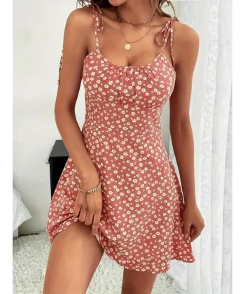 Kadın Ip Askılı Omuzlardan Bağcıklı çiçek Desenli Süprem Elbise