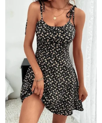 Kadın Ip Askılı Omuzlardan Bağcıklı çiçek Desenli Süprem Elbise