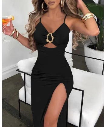 Kadın Ip Askılı Toka Detaylı Yırtmaçlı Janjan Krep Elbise