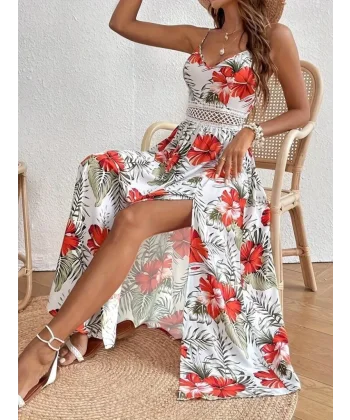 Kadın Ip Askılı V Yakalı Bel Güpür çiçek Desenli Yandan Yırtmaçlı Maksi Süprem Elbise