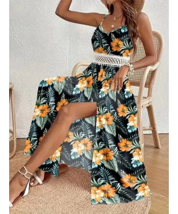 Kadın Ip Askılı V Yakalı Bel Güpür çiçek Desenli Yandan Yırtmaçlı Maksi Süprem Elbise