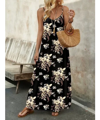 Kadın Ip Askılı V Yakalı çiçek Desenli Süprem Elbise