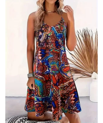 Kadın Ip Askılı V Yakalı Desenli Kısa Süprem Elbise