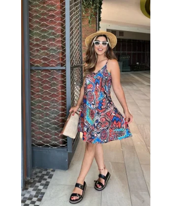 Kadın Ip Askılı V Yakalı Desenli Kısa Süprem Elbise