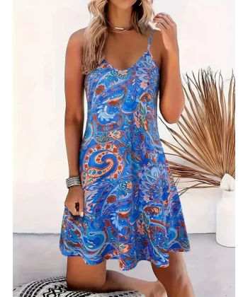 Kadın Ip Askılı V Yakalı Desenli Kısa Süprem Mini Elbise