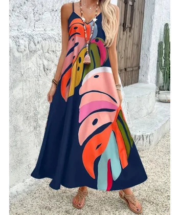 Kadın Ip Askılı V Yakalı Desenli Süprem Maxi Elbise